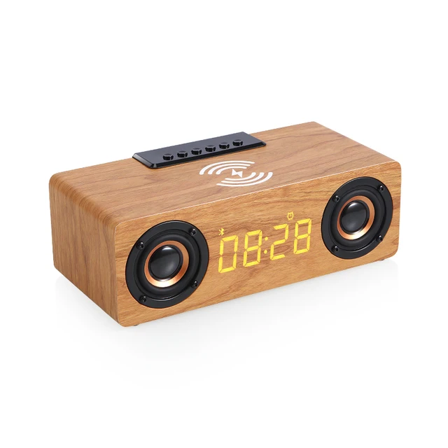 portable wooden wireless speaker K1 support TF card play quickly fast wireless charger led panel showing alarm clock FM AUX