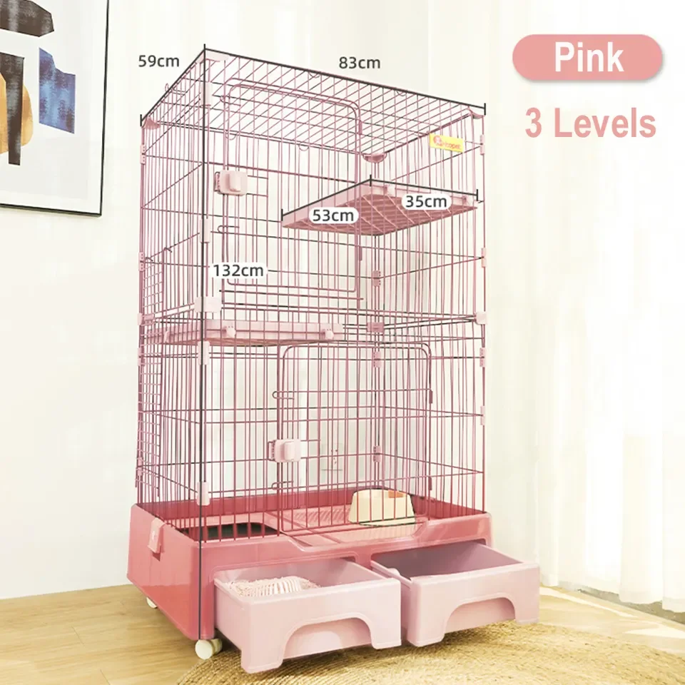 Top Seller Indoor Large Moving Wheels 3 Level Cat House Playpen Cage With Litter Box And Storage
