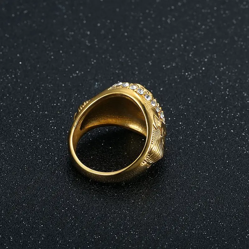 Wholesale Cheap Tarnish Free Punk 18k PVD Gold Plated Hip Hop Titanium Steel Gold Two Tone Crystal Eagle Band Ring For men