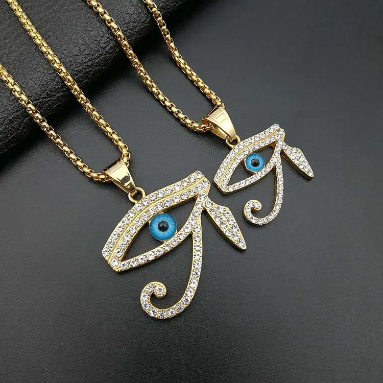 Religious Ancient Egyptian The Eye Of Horus Necklace Gold Color Stainless Steel Iced Out Rhinestone Horus Blue Eye Necklace