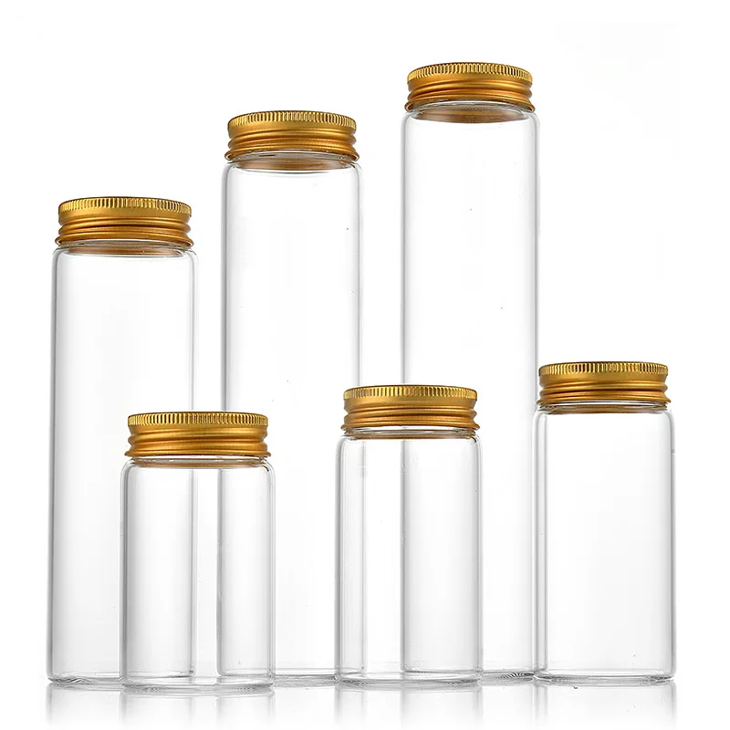 47mm Diameter High borosilicate candy food capsule storage tube type glass bottles with aluminum lid
