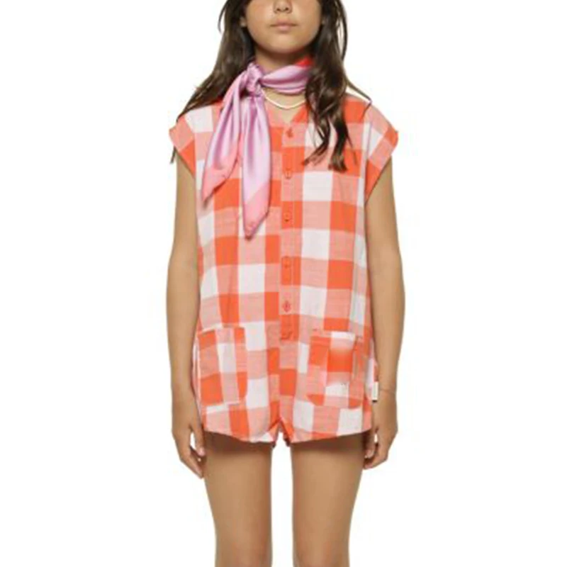 New Style Short Sleeve Front Button Ruffle Jumpsuit For Little Girls Check Patchwork Playsuit