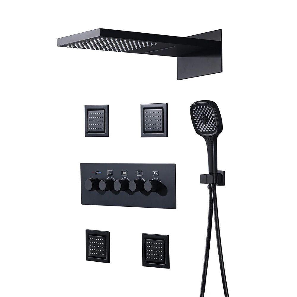Матовый черный четыре функции система ливневых душа латунный скрытый термостатический набор для с водопадом