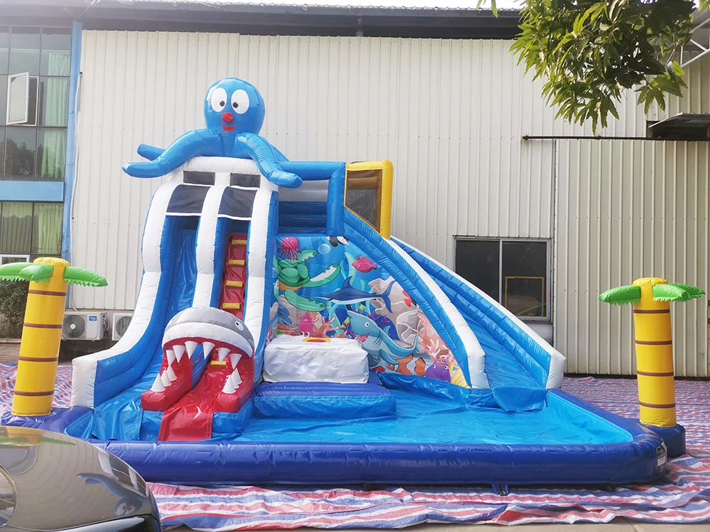 Commercial water park inflatable bounce octopus bounce pool slide water bounce slide with pool