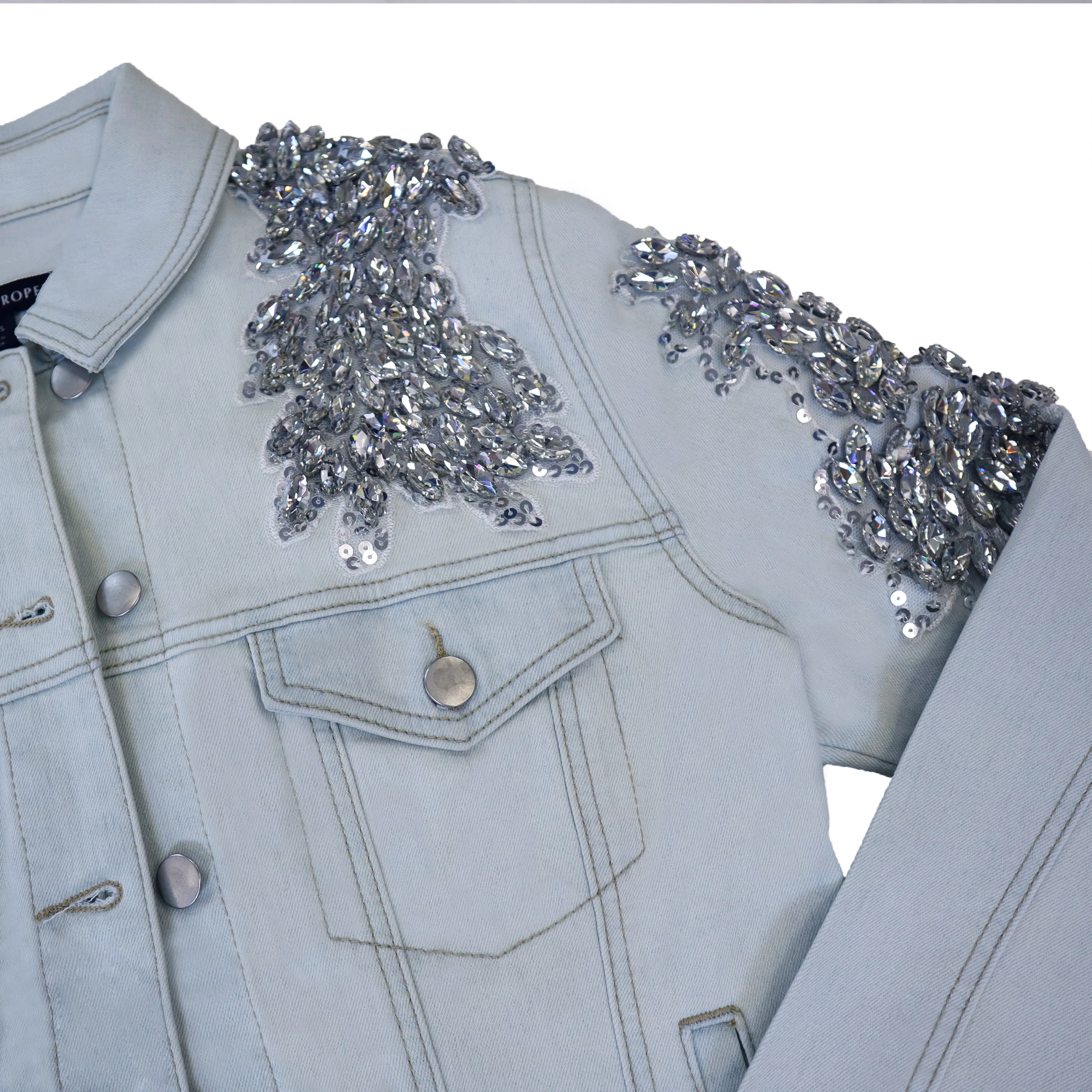custom women ladies Sequin Patches pearl beading denim jacket shoulders fallen for women