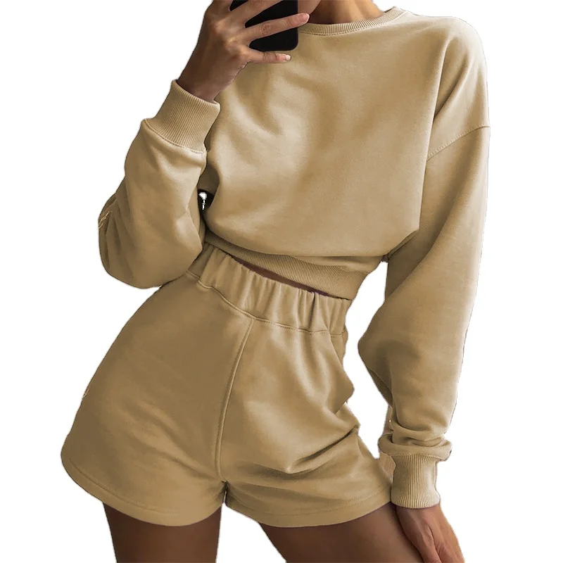 
 2021 Hot sale Two Piece Set Pants Casual Long-Sleeved Hoodie Shorts Sweat Suits For Women  
