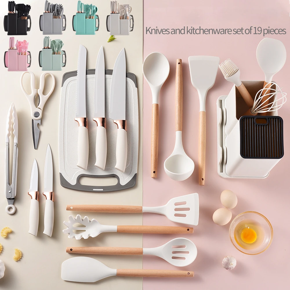 Wholesale 19-piece Silicone Utensils kitchen Set Kitchen Accessories Silicone Kitchen Utensils Sets with Cutting Board