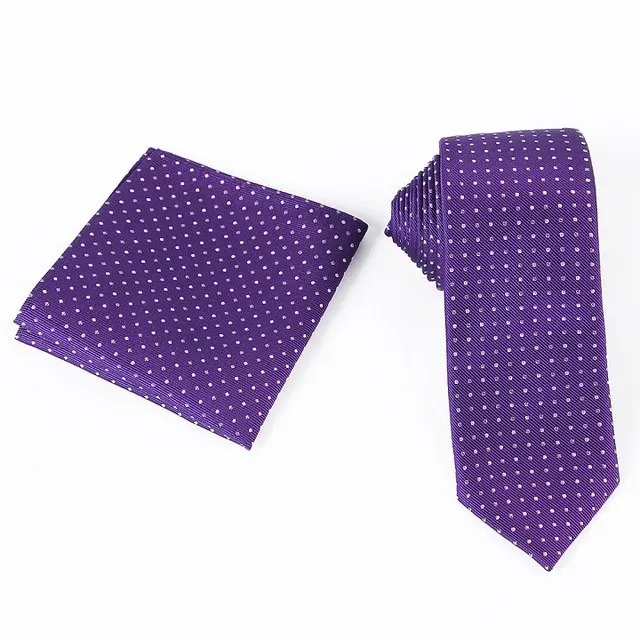 black and white polka dot polyester neck tie and pocket square set for man
