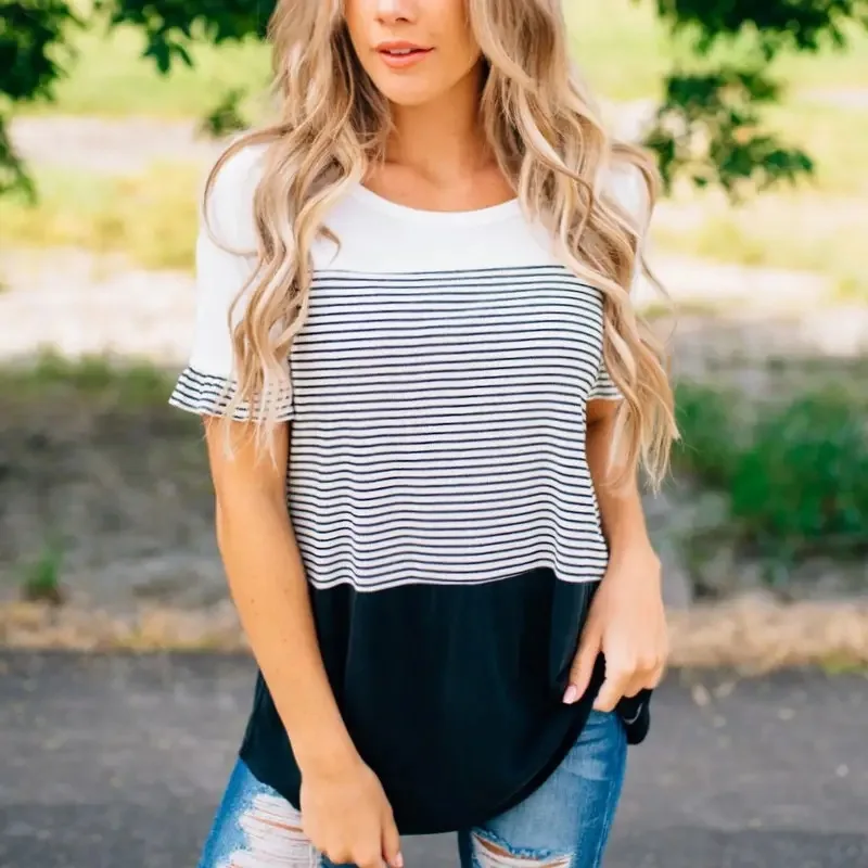 
Drop shipping 2021 new pregnant women striped stitching short-sleeved breastfeeding top T-shirt 