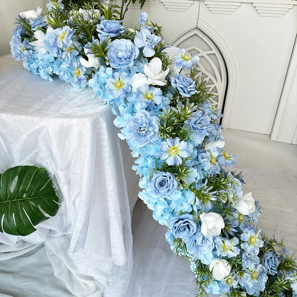Высокое качество 200 см выдвижной стол бегун светло-синие Искусственные цветы зеленые листья красивые DIY украшения для свадебной вечеринки