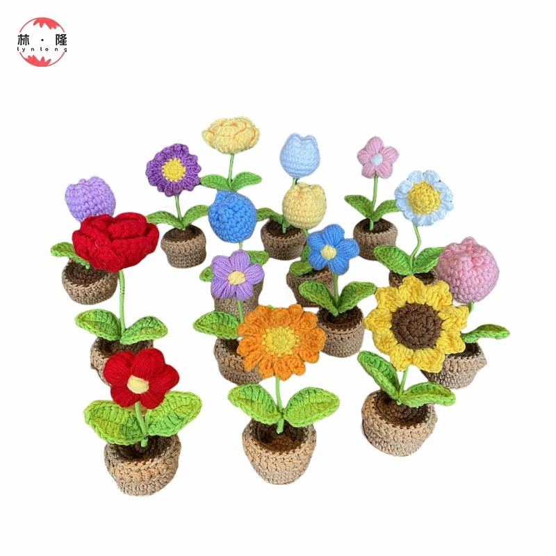 Diy hand-woven mini potted flowers rose crochet Nice Looking office ornaments wool for decoration home and office hotel