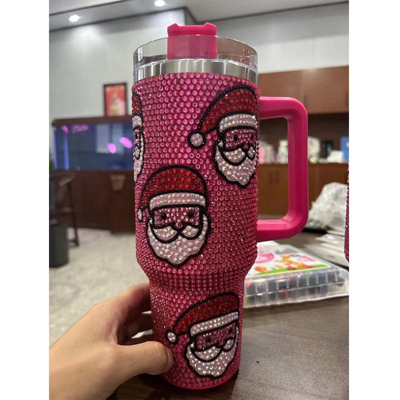12 Colors Christmas Holiday Hot Pink Rhinestone Bling 40oz Tumblers Christmas Rhinestone Cup Coffee Mugs with Handle