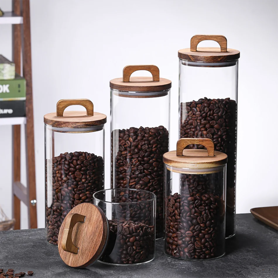 wholesale custom clear decorative stackable large high borosilicate tea coffe food airtight bamboo wooden lid jar glass canister