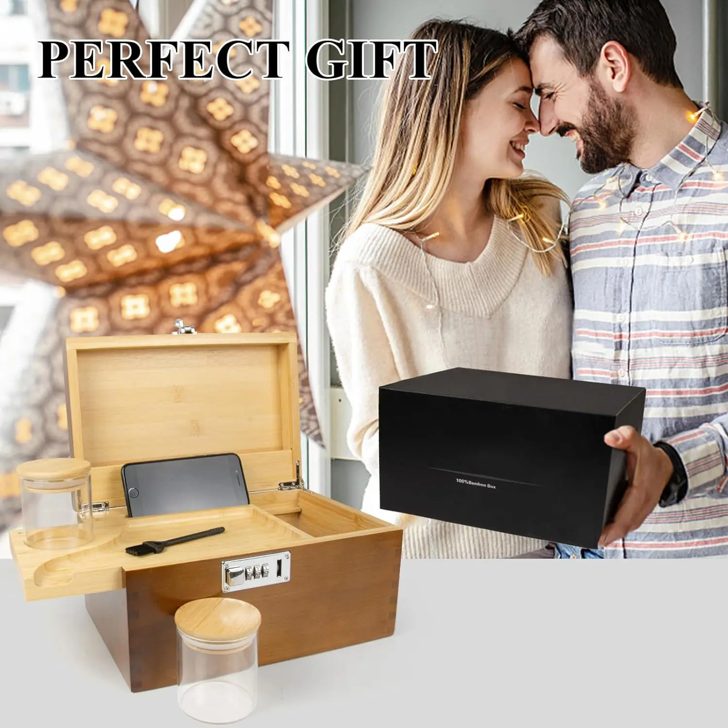 Large Wooden Stash Box with Combination Lock Rooling Tray Wood Stash Storage Box for Gift, Keepsake Decorative boxes