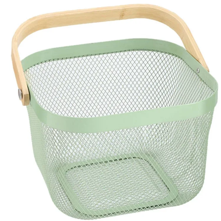 Mesh Steel Storage Organizer Basket Multi Functional Metal Wire Hanging Kitchen Baskets Fruit Basket With Bamboo Handle