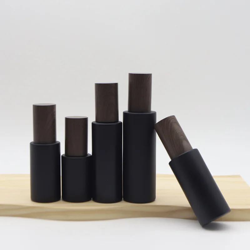 Empty Bottle Glass Frosted Black False Wood Lid Cosmetic Lotion Spray Pump Portable Refillable Container Glass Bottles