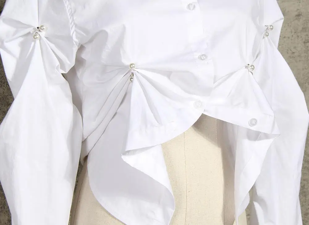 2020 spring new arrivals fashionable design women sewn pearl sleeve shirt pleated long sleeves cotton ladies top blouse
