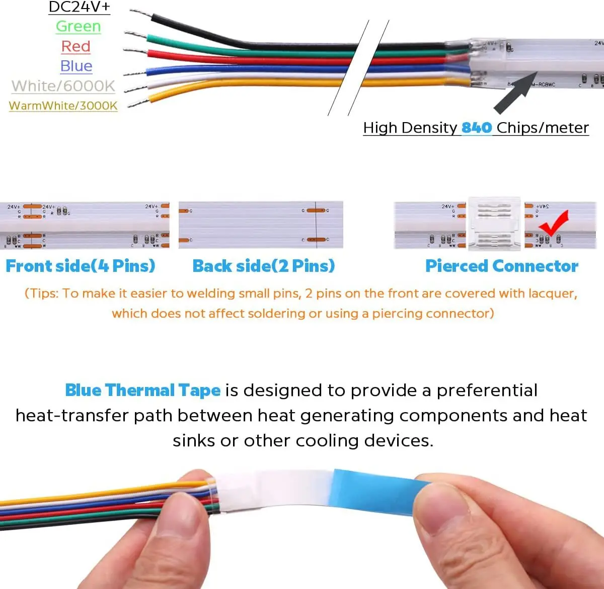 Dot Free 12mm ip 20 DC 24V Flexible COB Strip Light rgbw rgb rgbcct COB LED Strip 840leds/m