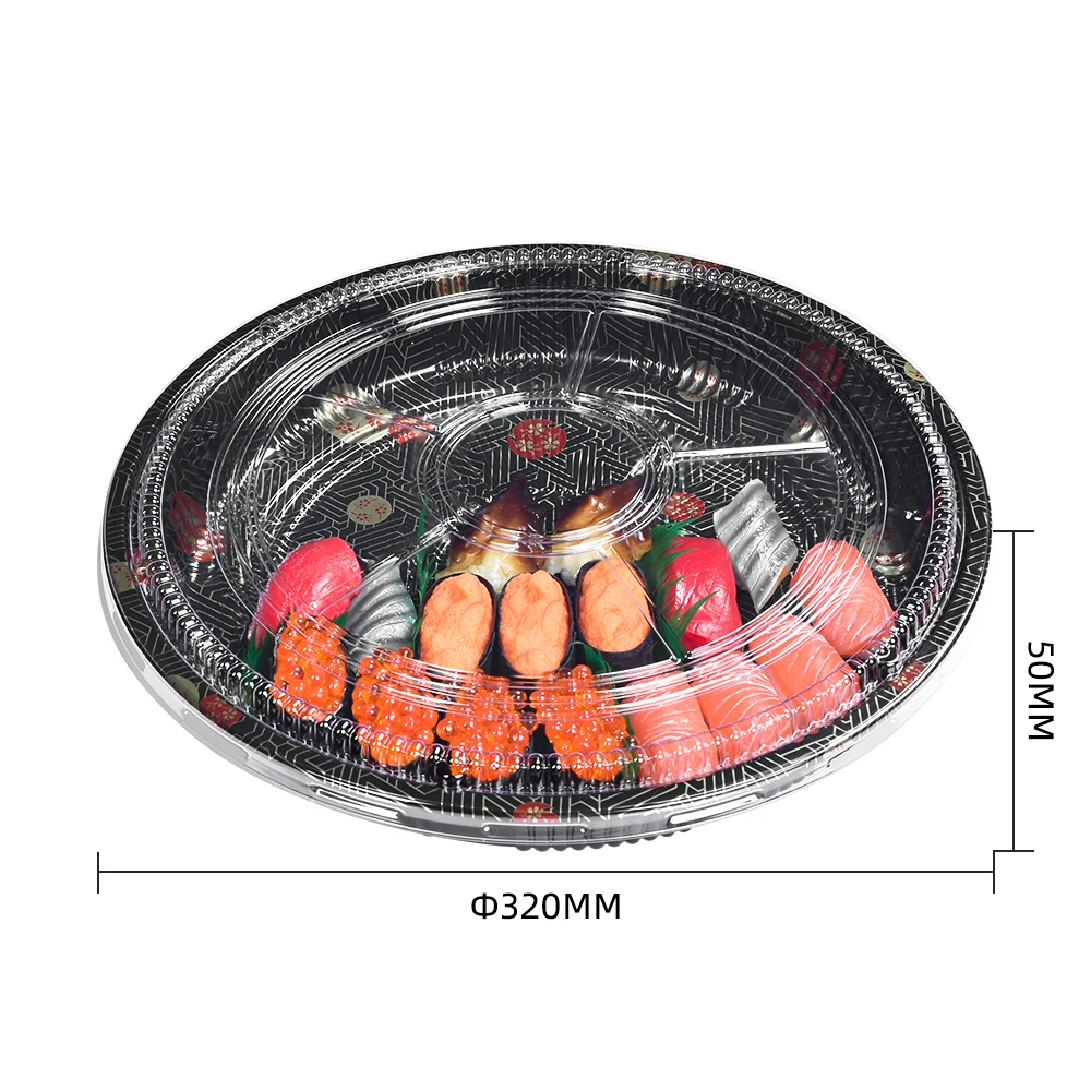 Sunzza free sample huawen 32 cm big round shape size disposable plastic blister pet anti fog lid sushi tray for restaurant