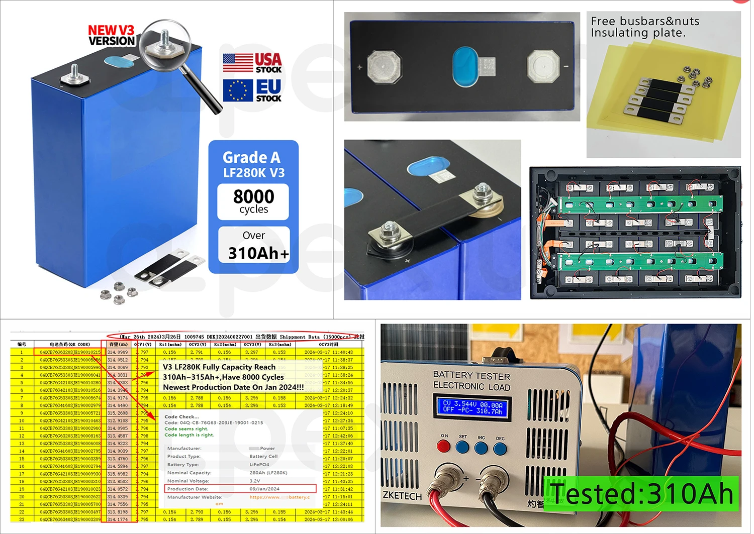 Brand NEW 3.2V 230Ah 280Ah 320Ah lifepo4 Battery cell 8000 cycles V3 LF280K Prismatic Lithium Ion Batteries For solar system