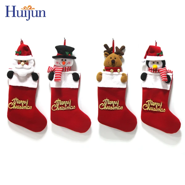 China Manufacture Set of 4 3D Fleece Santa Snowman Elk Penguin Christmas Stockings For Christmas Decoration