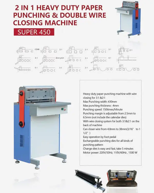 Super 450 A3,A4,A5,A6 Double Wire/Plastic Comb/Spiral Coil Calendar Punching And Binding Machine