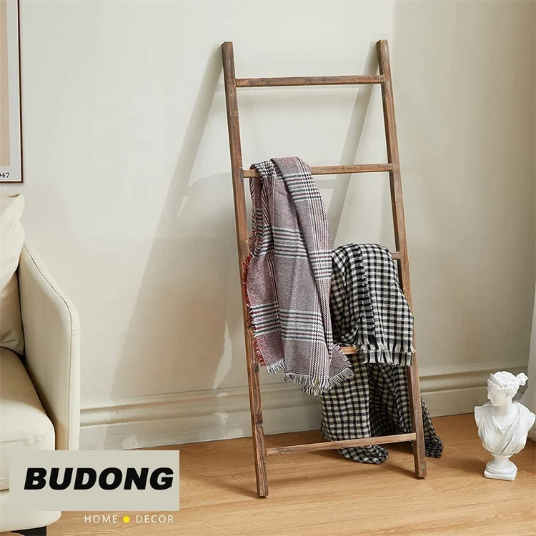ARTMADE Wood Blanket Ladder Wall-Leaning Non-Folding Blanket Ladder Rustic Farmhouse Wooden Ladder Decor Shelf