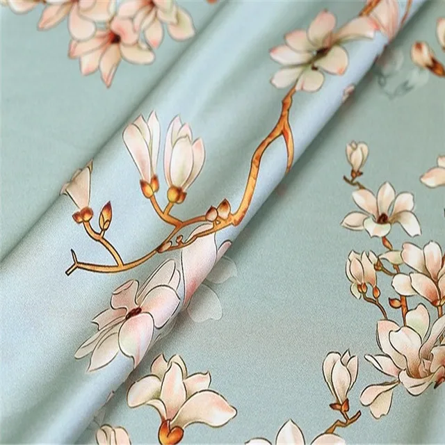  Цветочный дизайн магнолии Шелковый спандекс с цифровой печатью 19 момме 108 см шелк стрейч атласная ткань для чонсам
