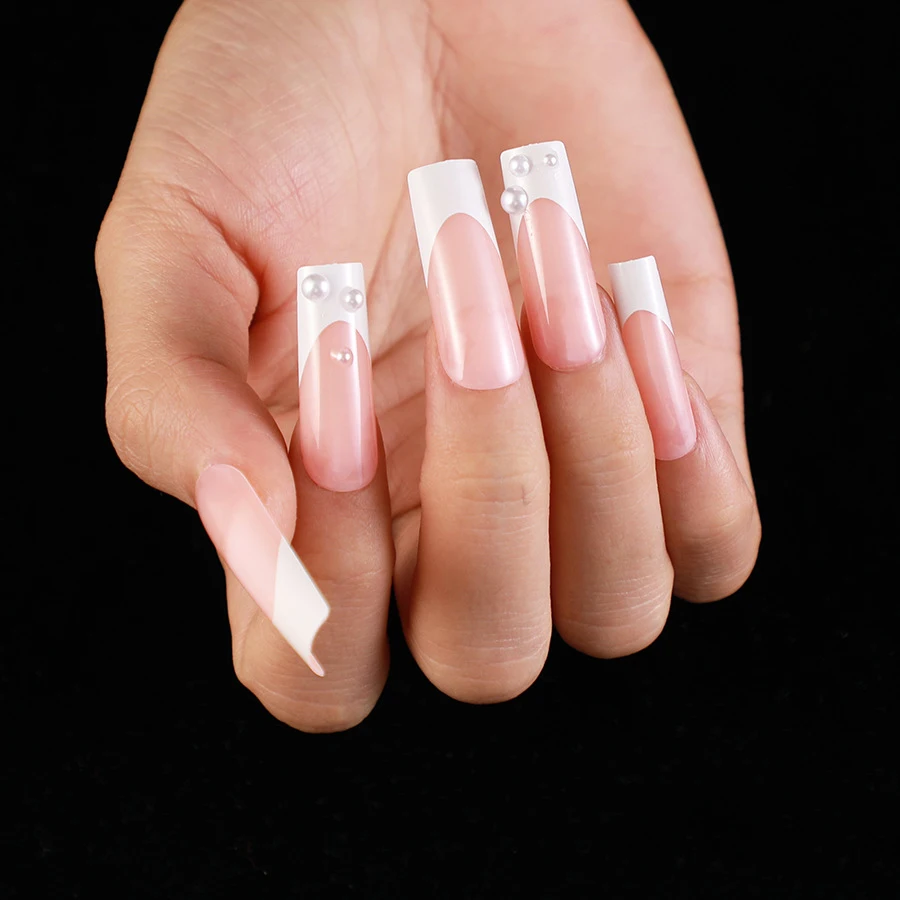 Nail Beauty Products Nude Long French Crystal Design Press On Nails With Pearl