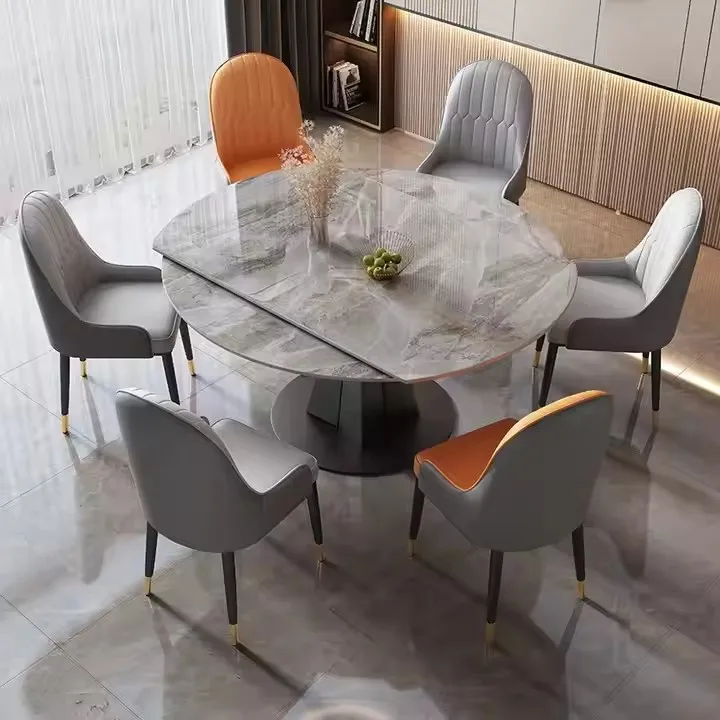 Light luxury Table Pink Marble Dining Table Set 6 Chairs Gold Metal Steel Stainless Simple Modern Furniture Round Table