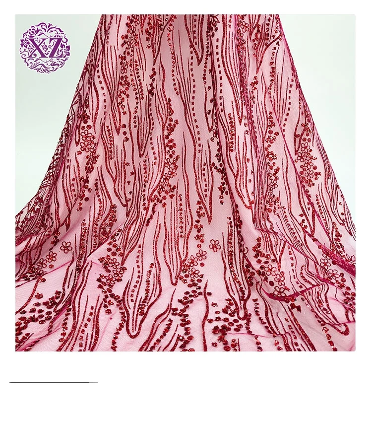 High Quality Red Sequin Wedding Lace Dress Fabric African Latest Glitter mesh fabric for clothing