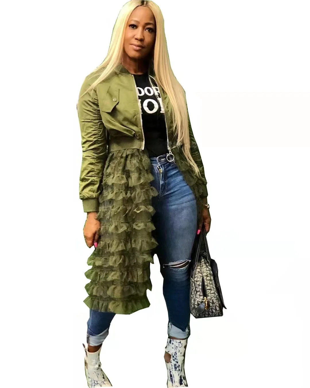 S 3X 4X 5XLFashion Zipper Solid ColorJacket Mesh Lace Dress Plus Size Women Jacket Fall Winter Coat