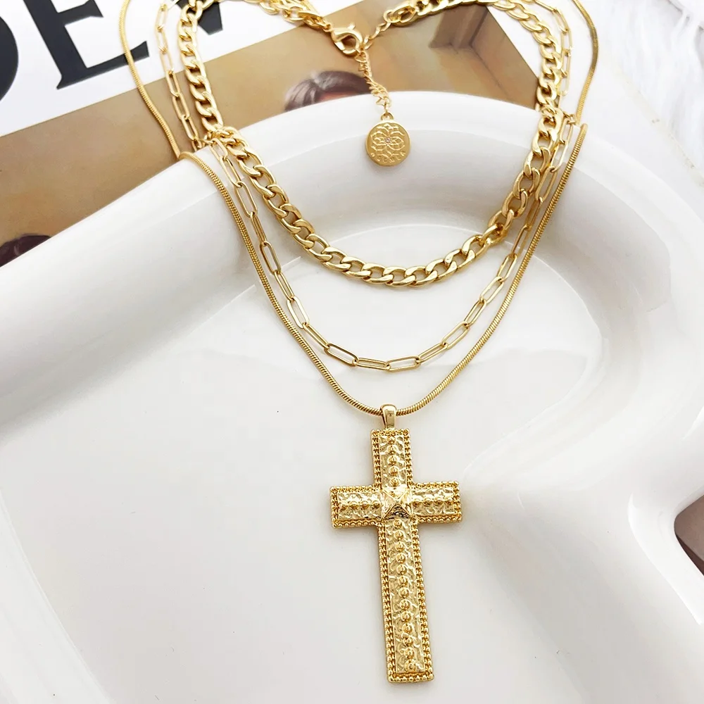 Jewelry wholesale custom big cross necklace fashion multi layer 18k gold plated pendant necklace for women