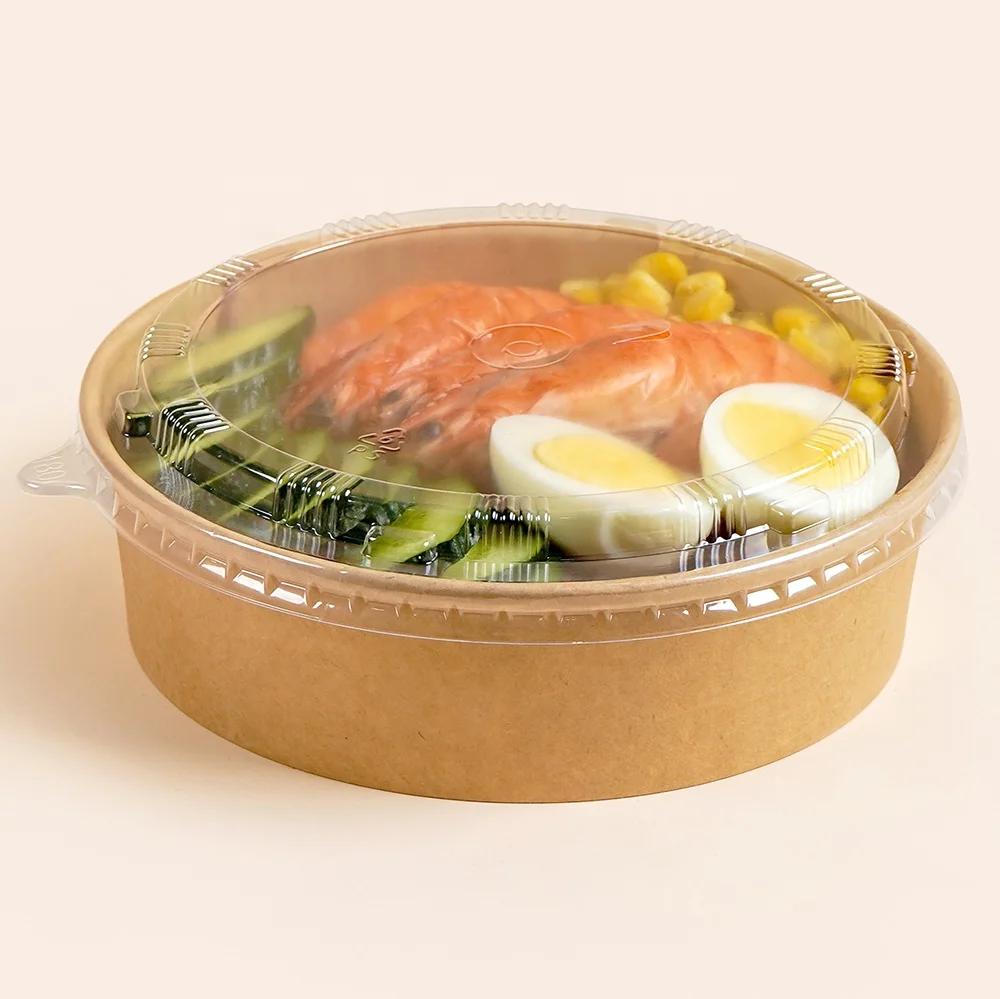 customize logo printing disposable kraft paper bowl paper salad box round paper container with OPS lid for fast food fruit snack