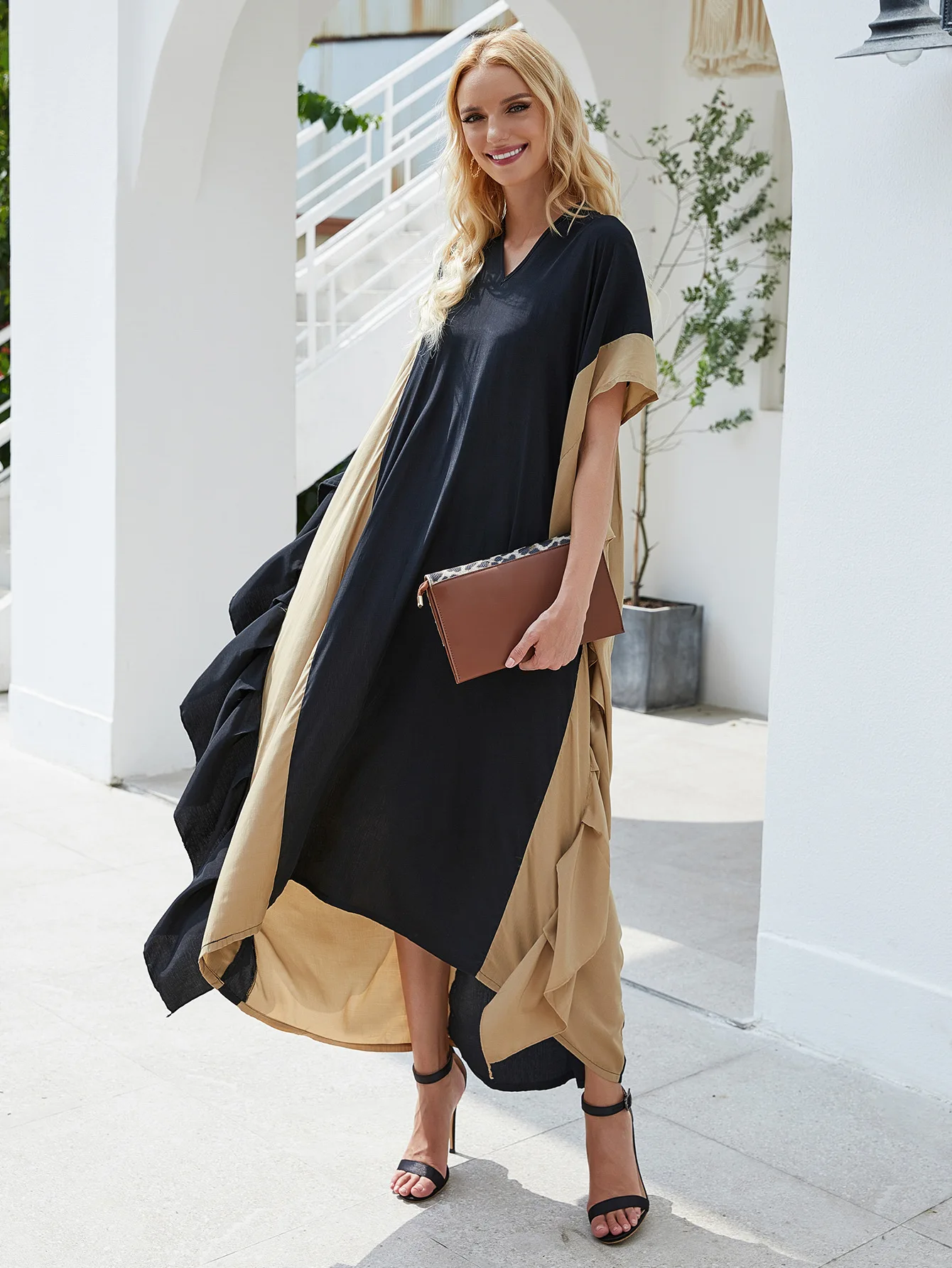 Trendy Contrast V Neck Dress For Muslim Girl Casual One Size Ruffle Sleeve Splice Color Long Dress Abaya Arab Ethnic Clothing