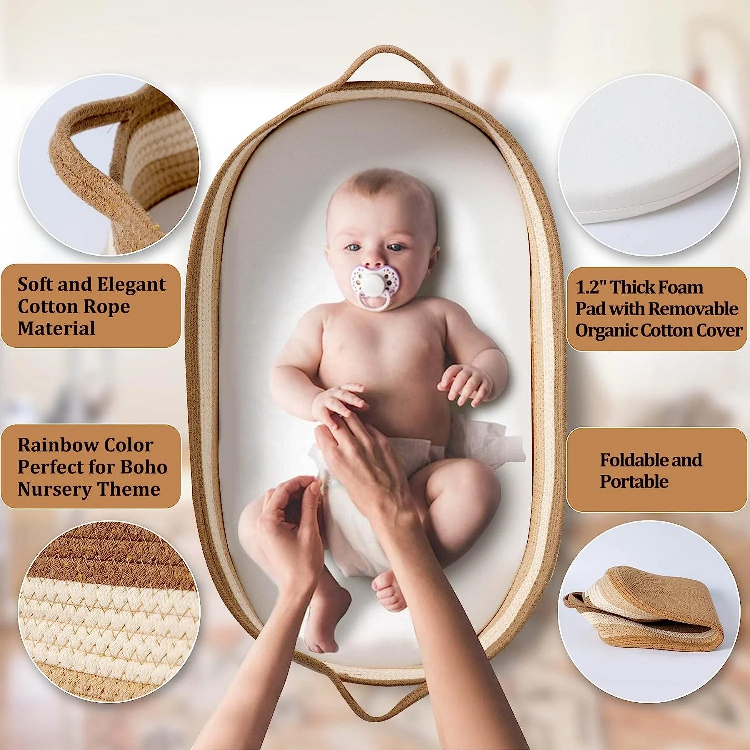 Free sample cotton rope baby changing basket Soft Blanket With Mattress Pad,Removable Cove changing basket for baby Moses Basket