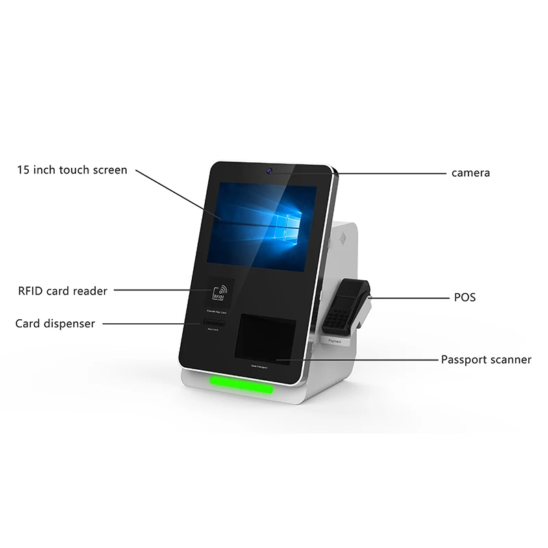 hotel check in self service touch all in one pc table cell phone charging passport scanner kiosk touch screen with printer