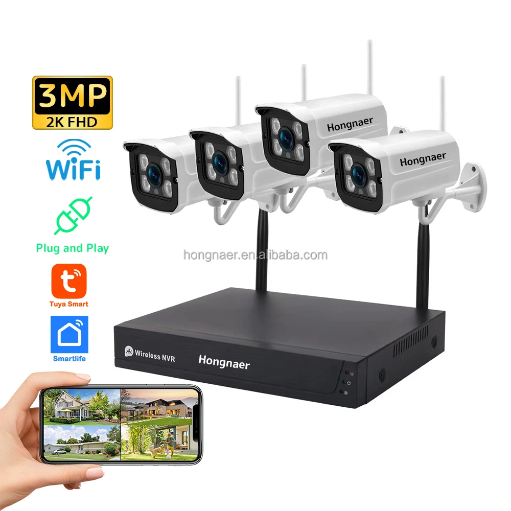 Hongnaer 3MP Plug And Play 4CH NVR Home IP Security CCTV Camera Kit Surveillance System Wireless WiFi Indoor Outdoor CCTV System