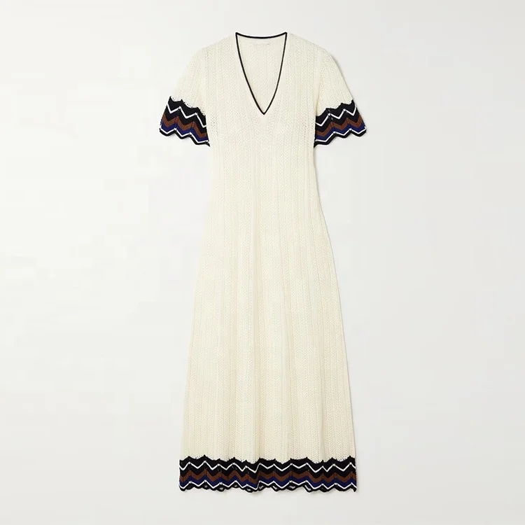 Knitwear Manufacturer Custom Spring Summer V Neck Short Sleeve Cotton Stripe Crochet Knit Women Sweater Dress