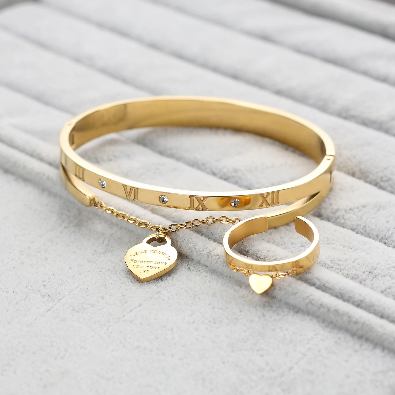 Cubic Zirconia Stainless Steel Gold Plated Set Turn Jewelry Roman Numerals Heart Pendant Bracelet Ring Set