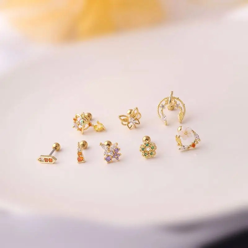 Fashion Korean Titanium Steel Piercing Earrings 18K Gold Filled Cubic Zircon Moon Star Chain Studs Earrings /