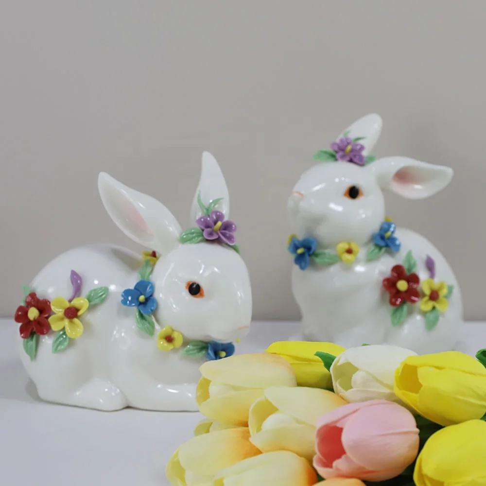 Factory Wholesale Ceramic Easter Rabbit Ornaments Easter Bunny Rabbit Figurines Statue for Home Decor