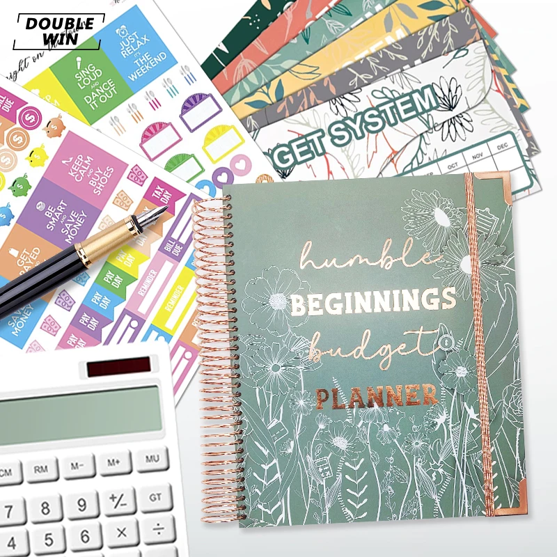 2024 Custom Design Gold Foil Single Coil Spiral Financially Journal Budget Planner with Money Cash Envelope