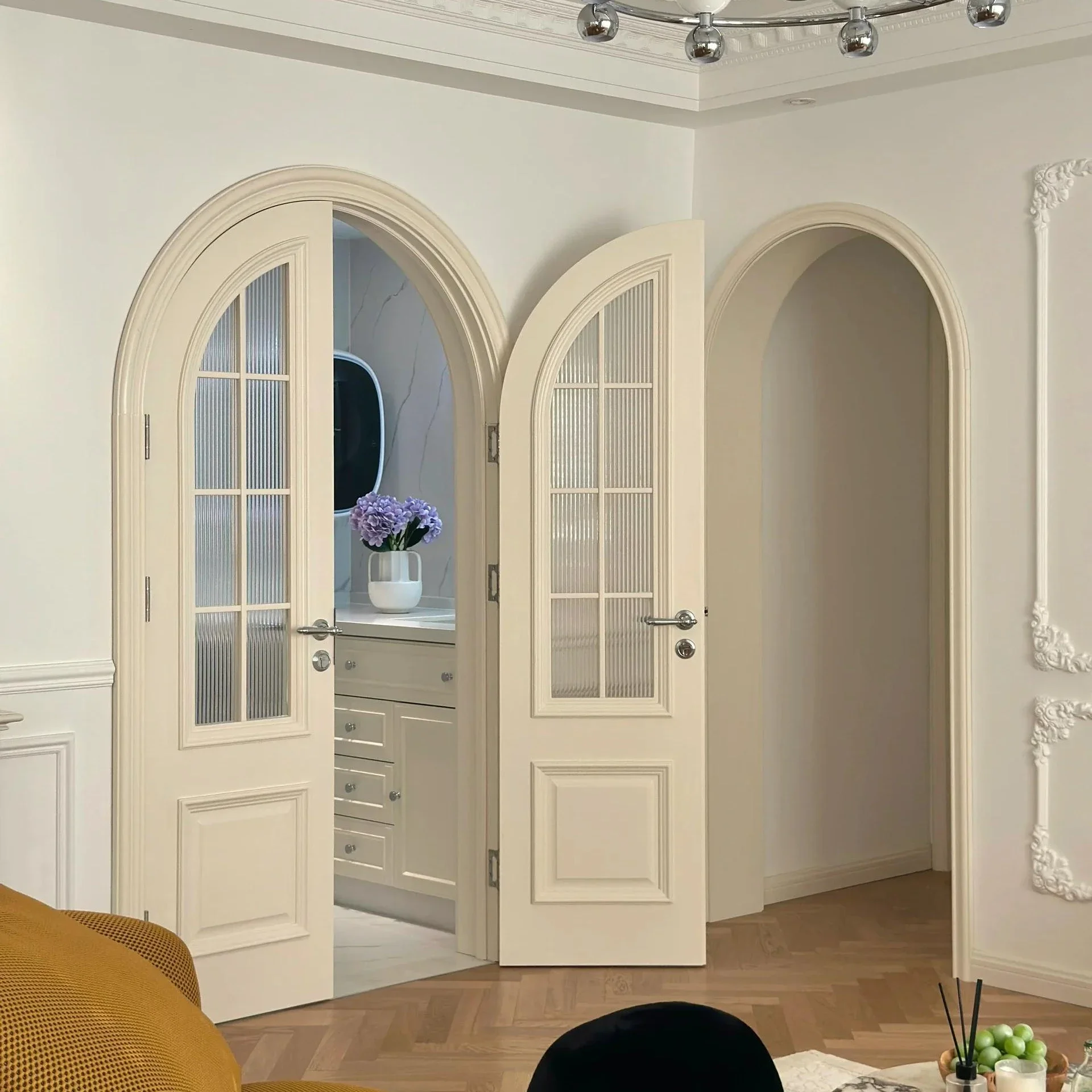 LongTai French Style Arch Solid Wood Casement Two-open Interior Door With Glass Inserted for Living Room Divider