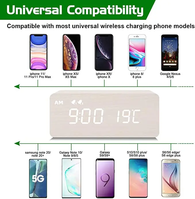 Jumon Digital Wooden Alarm Clock with Wireless Charging 0-100% Dimmer Dual Alarm Weekday Weekend Mode Snooze Bamboo LED Clocks