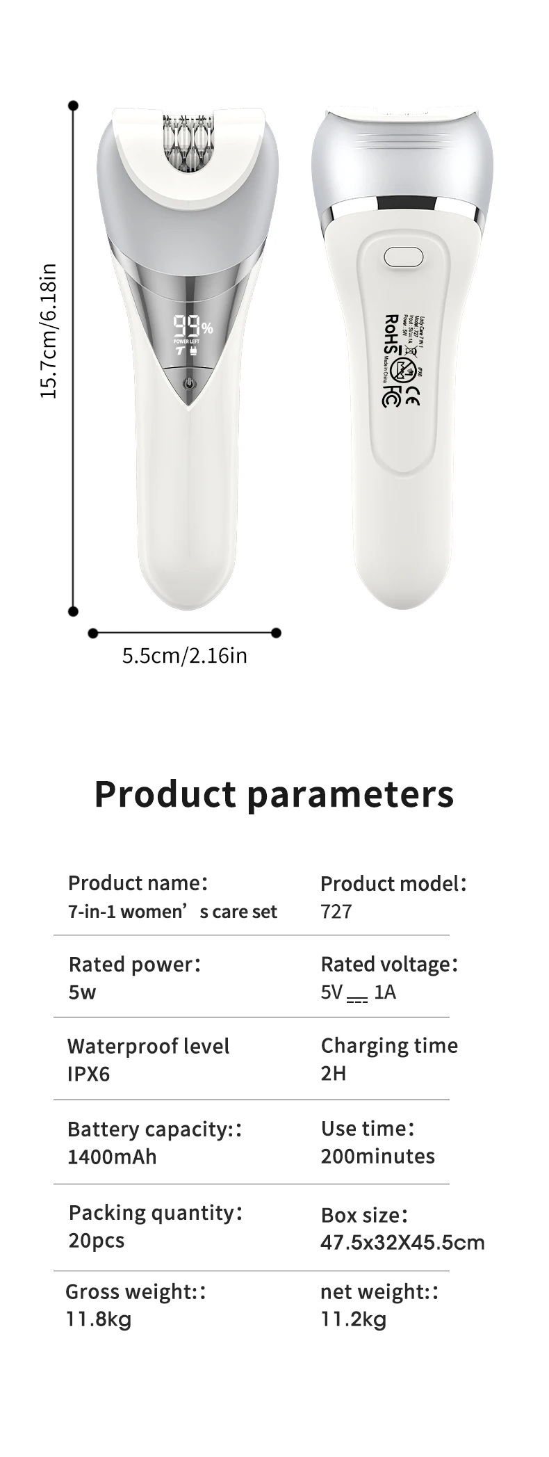 Lanumi 727 7 in 1 Grooming Kit epilator for women lady shaver washable Lady Care bikini body face hair removal shaver for women