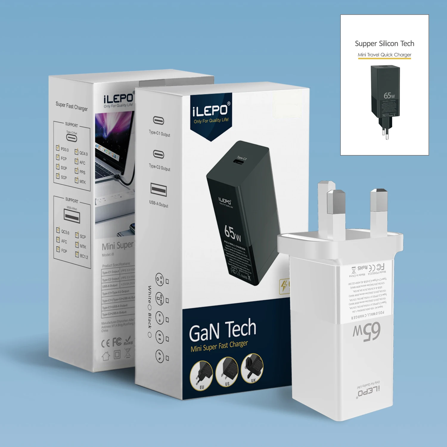 Универсальный USB C QC3.0 PD стандарт Великобритании штепсельная вилка 3 Pin настенный Быстрый 65W GAN мобильный телефон адаптер зарядное устройство с Type