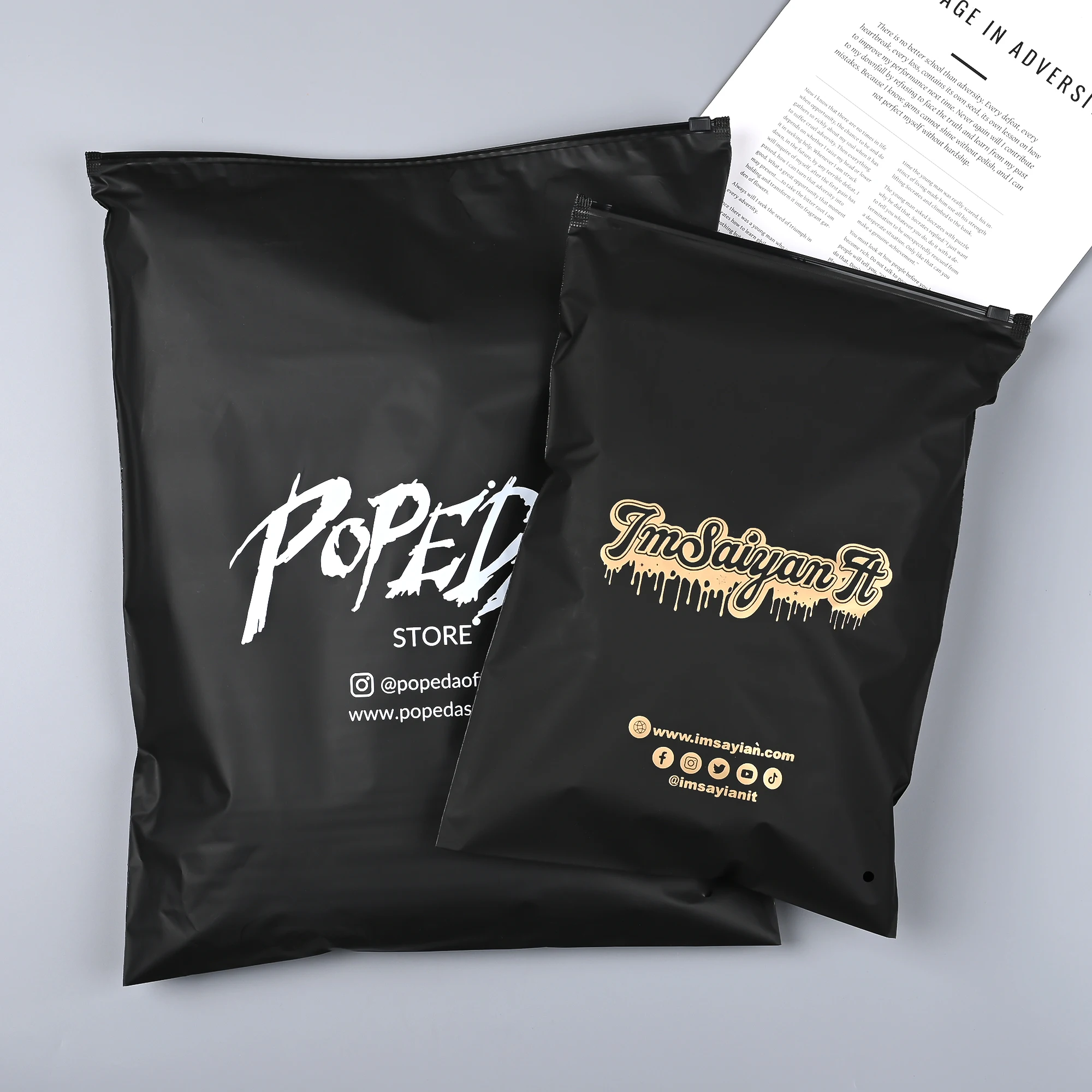 High quality Custom matte black zipper bag gold logo compostable frosted zip lock packaging plastic bag for clothing