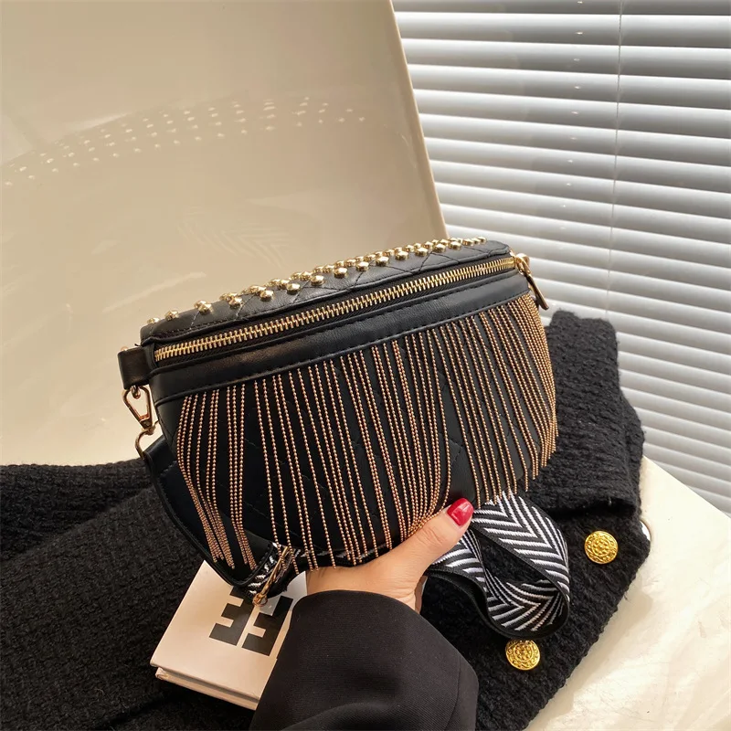 Women Fanny Pack Rivet Casual Shoulder Bag Broadband Chest Bag Tassel Female Bag  DOM107