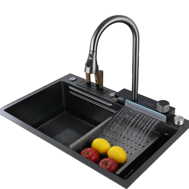 Роскошный светодиодный цифровой дисплей с защитой от царапин кухонный кран из нержавеющей стали Многофункциональная Корзина дренажная крышка разделочная доска